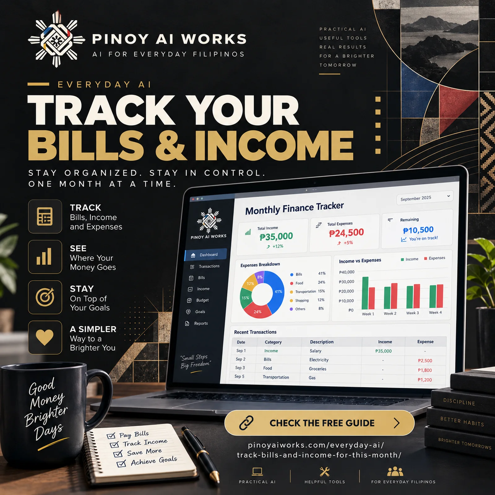 Track your bills and income with a monthly finance tracker, shown in Pinoy AI Works artwork