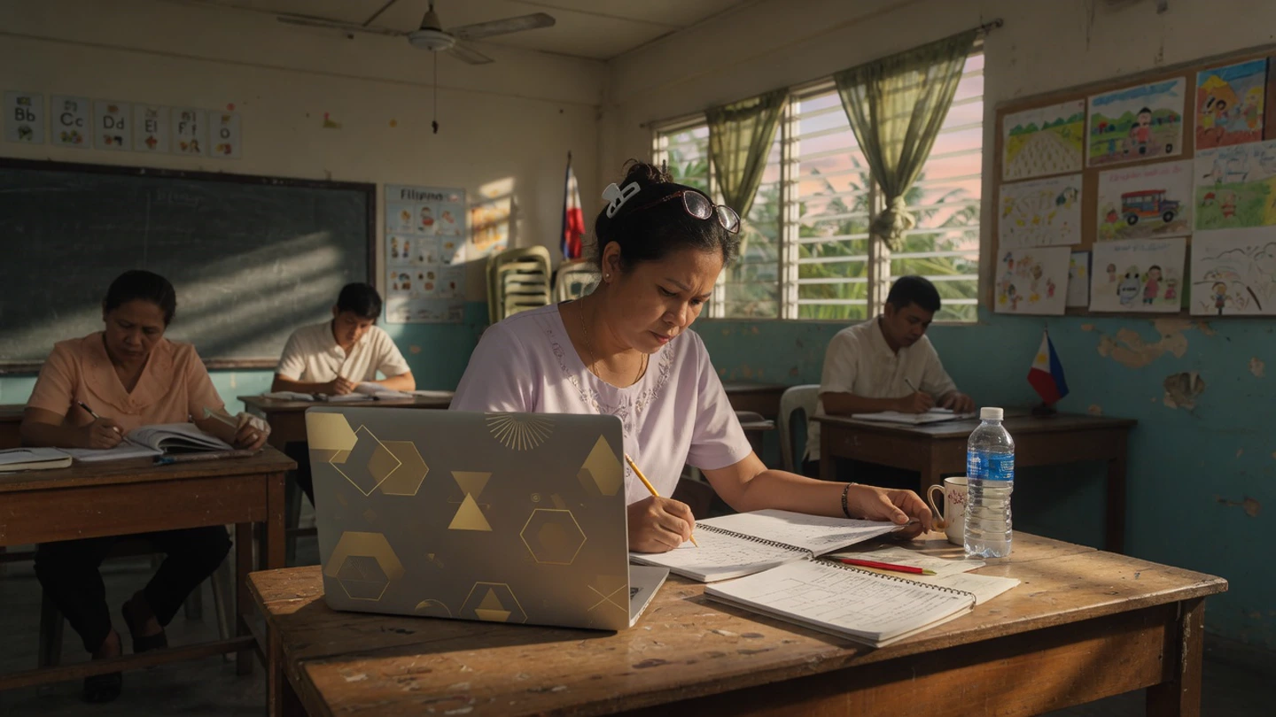 Pinoy AI Works illustration of a Filipino public-school teacher planning a lesson with paper notebooks and a laptop marked by abstract gold shapes.